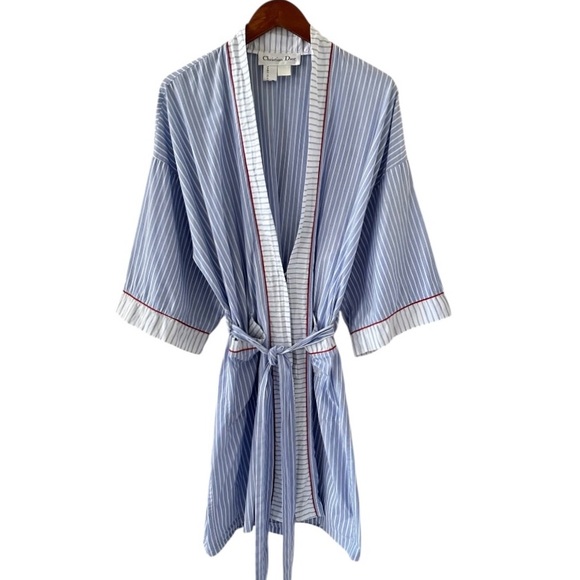 Christian Dior Vintage Blue and White Striped Short Kimono Sleeve Robe Size OS - Picture 1 of 8